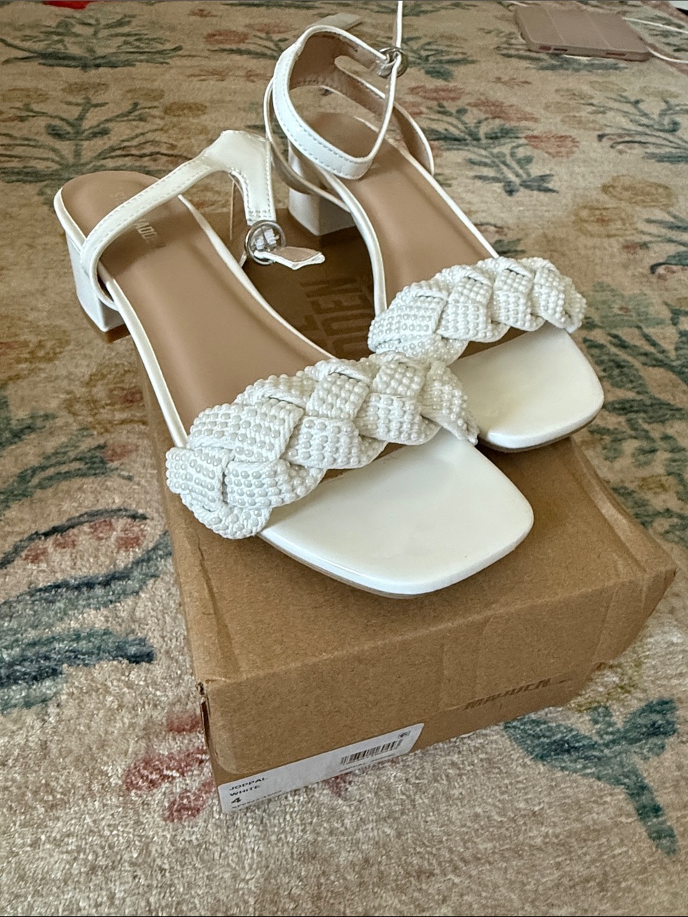 Girls Steve Madden White Braided Beaded Block Heel Sandals